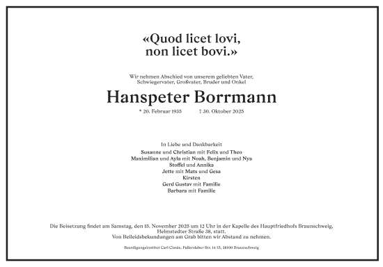 Traueranzeige von Hanspeter Borrmann von Braunschweiger Zeitung