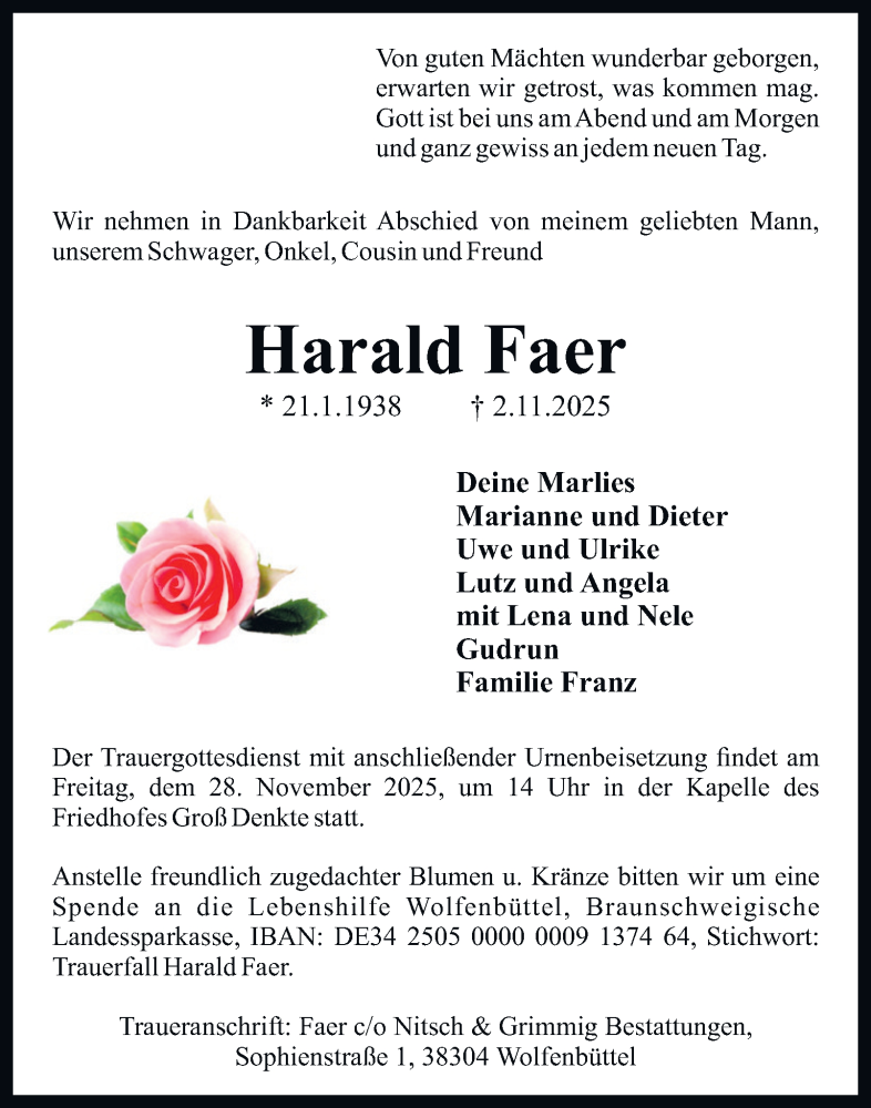  Traueranzeige für Harald Faer vom 25.11.2025 aus Wolfenbütteler Zeitung