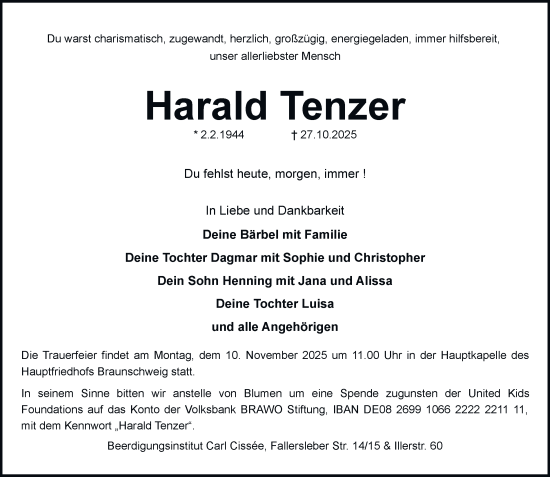 Traueranzeige von Harald Tenzer von Braunschweiger Zeitung