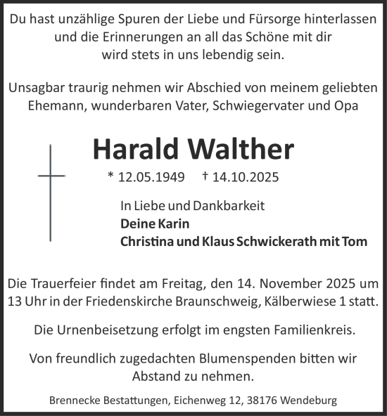 Traueranzeige von Harald Walther von Salzgitter-Zeitung