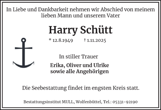 Traueranzeige von Harry Schütt von Braunschweiger Zeitung