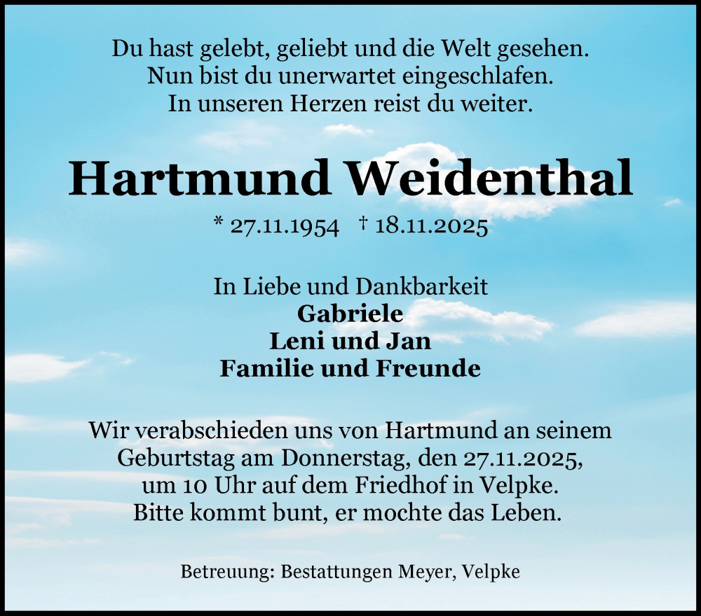  Traueranzeige für Hartmund Weidenthal vom 22.11.2025 aus Braunschweiger Zeitung, Wolfsburger Nachrichten