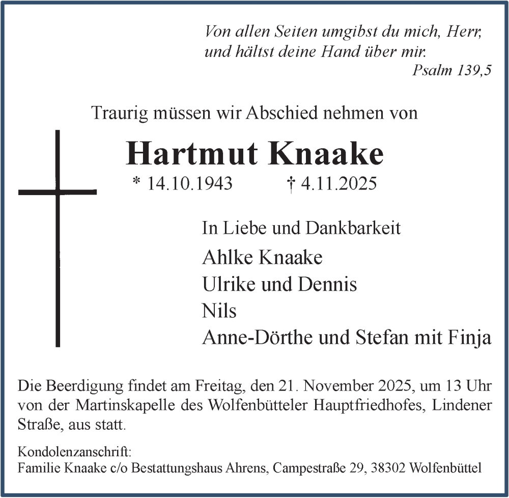  Traueranzeige für Hartmut Knaake vom 15.11.2025 aus Wolfenbütteler Zeitung