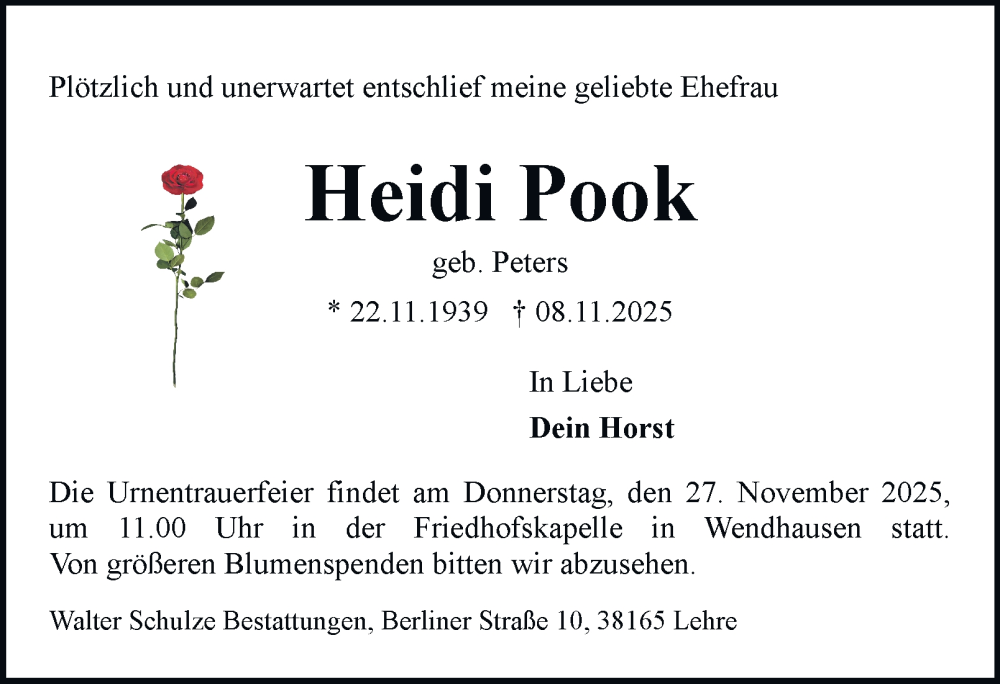  Traueranzeige für Heidi Pook vom 15.11.2025 aus Helmstedter Nachrichten