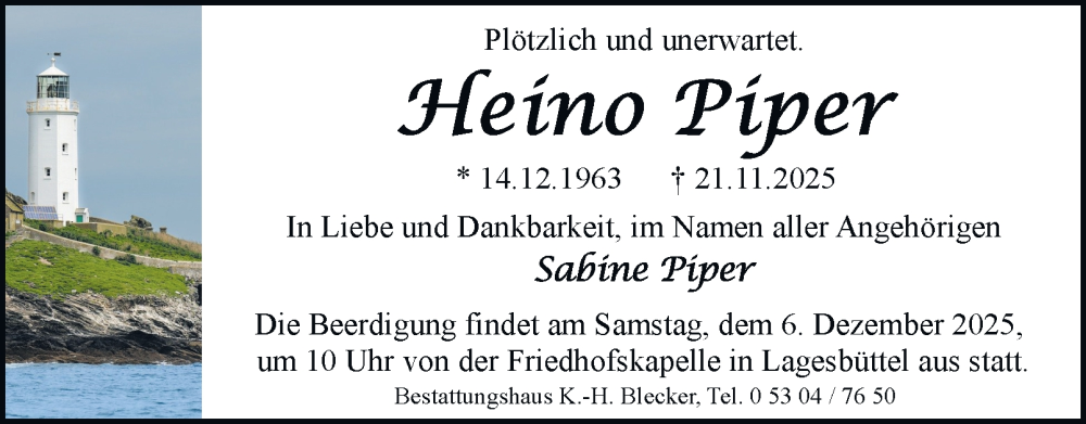  Traueranzeige für Heino Piper vom 29.11.2025 aus Braunschweiger Zeitung