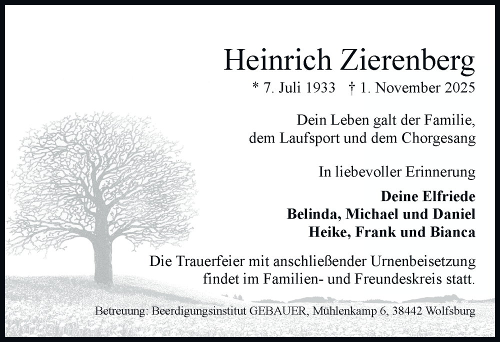  Traueranzeige für Heinrich Zierenberg vom 15.11.2025 aus Braunschweiger Zeitung, Wolfsburger Nachrichten
