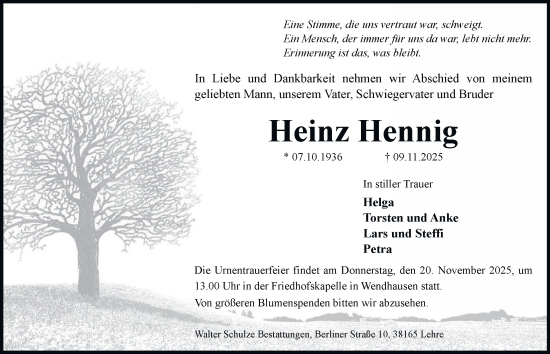 Traueranzeige von Heinz Hennig von Braunschweiger Zeitung