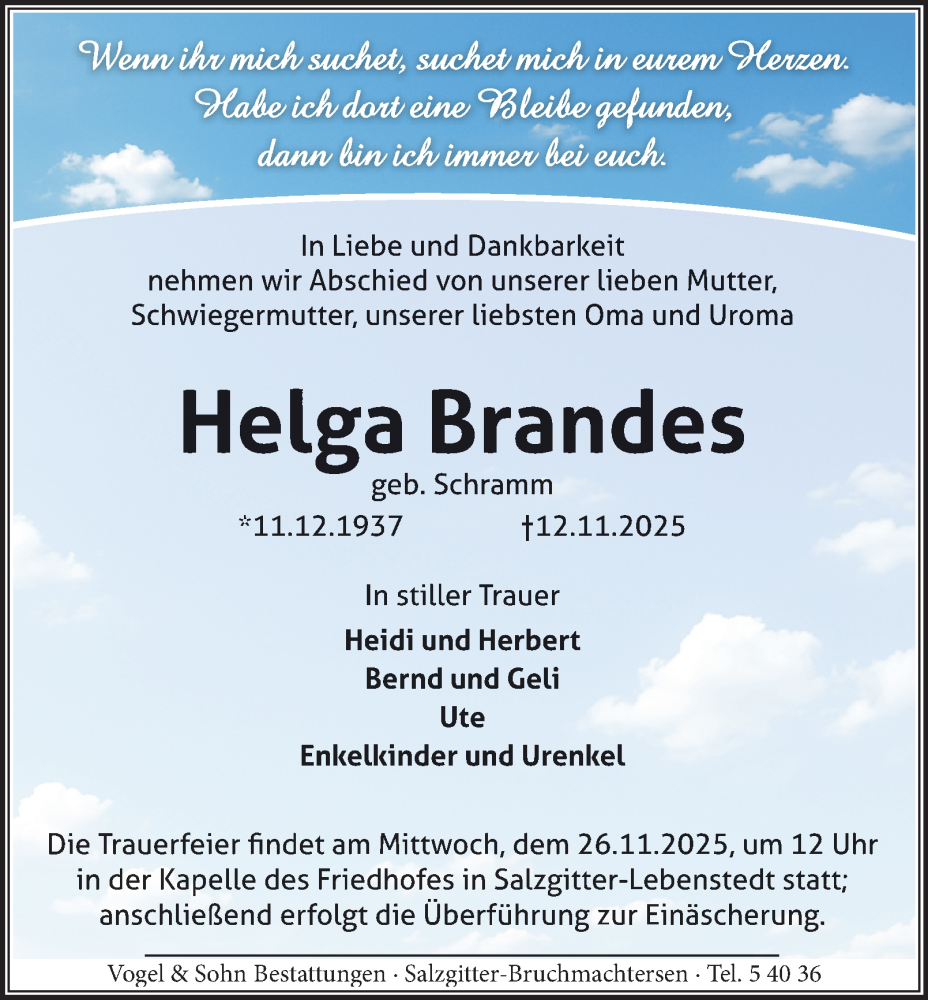  Traueranzeige für Helga Brandes vom 22.11.2025 aus Salzgitter-Zeitung