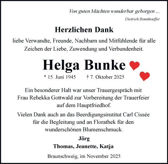 Traueranzeige von Helga Bunke von Braunschweiger Zeitung