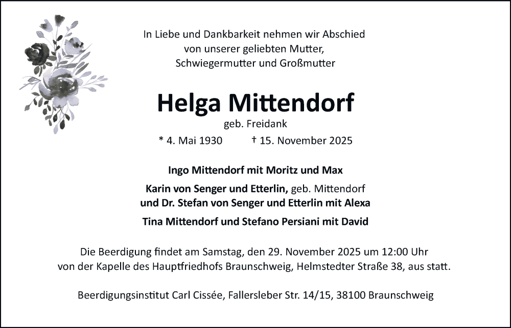  Traueranzeige für Helga Mittendorf vom 22.11.2025 aus Braunschweiger Zeitung