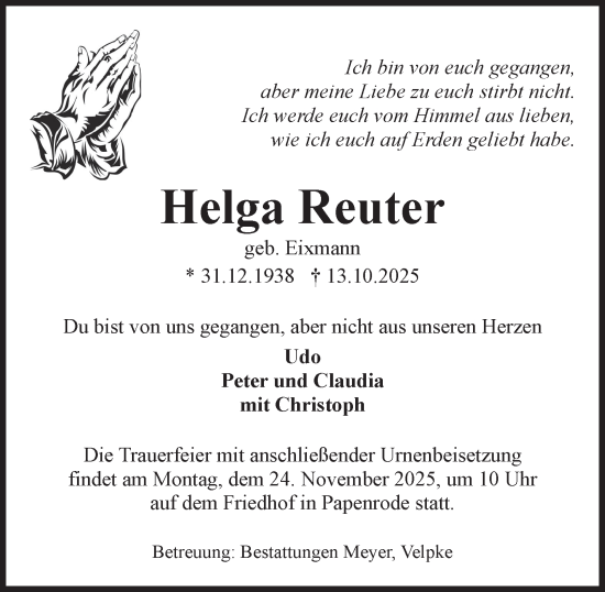 Traueranzeige von Helga Reuter von Helmstedter Nachrichten