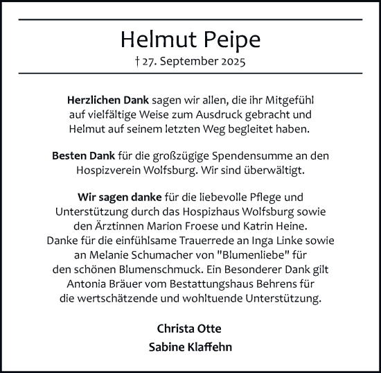 Traueranzeige von Helmut Peipe von Braunschweiger Zeitung, Wolfsburger Nachrichten