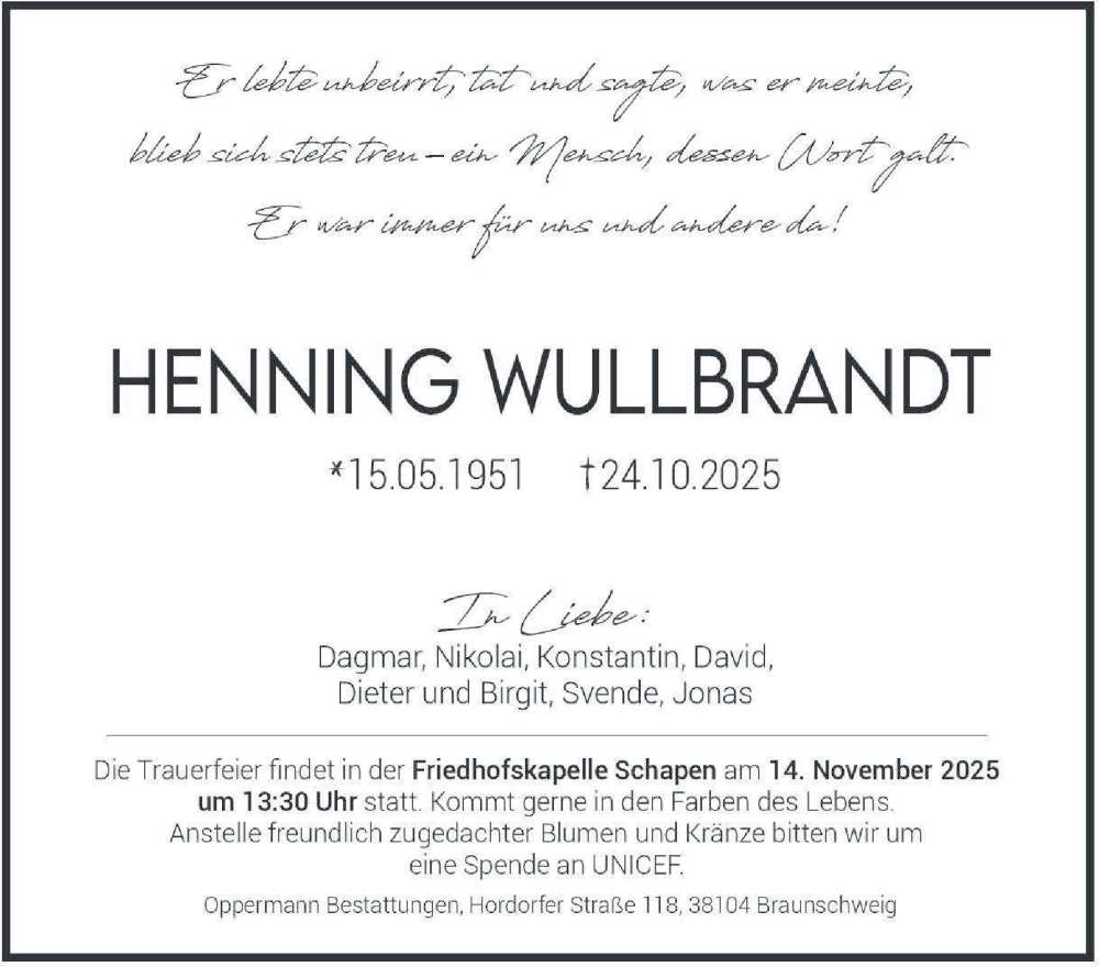  Traueranzeige für Henning Wullbrandt vom 08.11.2025 aus Braunschweiger Zeitung