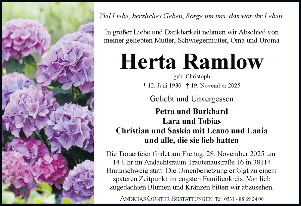  Traueranzeige für Herta Ramlow vom 26.11.2025 aus Braunschweiger Zeitung