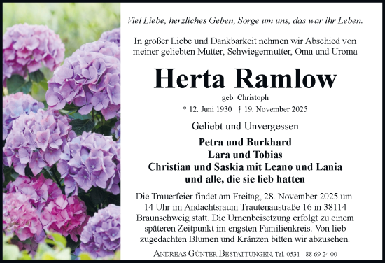 Traueranzeige von Herta Ramlow von Braunschweiger Zeitung