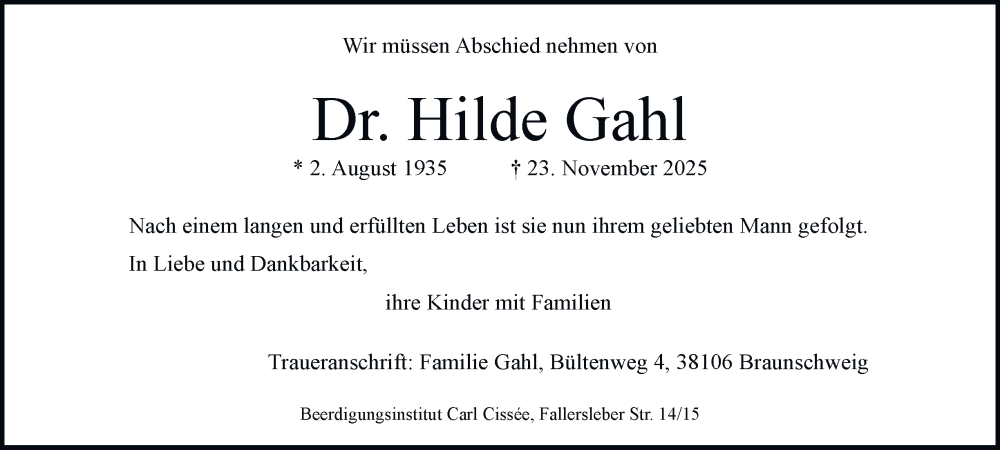  Traueranzeige für Hilde Gahl vom 29.11.2025 aus Braunschweiger Zeitung