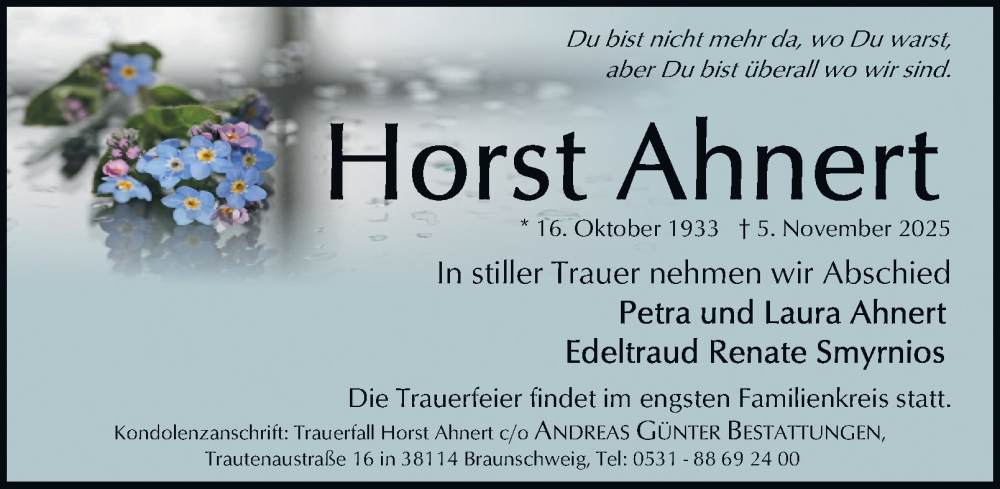  Traueranzeige für Horst Ahnert vom 15.11.2025 aus Braunschweiger Zeitung
