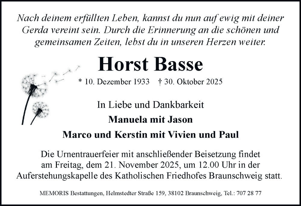  Traueranzeige für Horst Basse vom 08.11.2025 aus Braunschweiger Zeitung