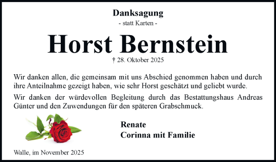 Traueranzeige von Horst Bernstein von Braunschweiger Zeitung