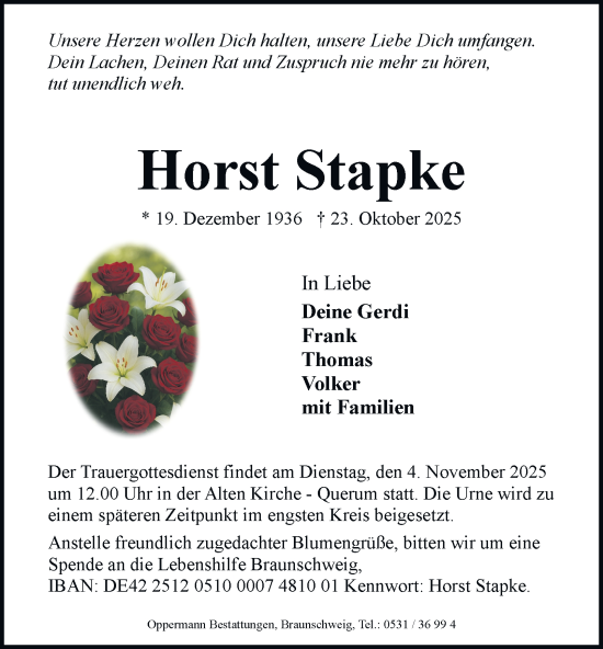 Traueranzeige von Horst Stapke von Braunschweiger Zeitung