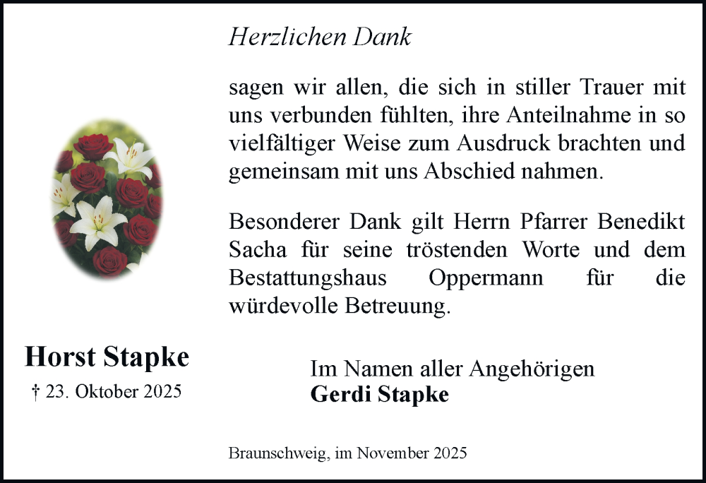  Traueranzeige für Horst Stapke vom 15.11.2025 aus Braunschweiger Zeitung