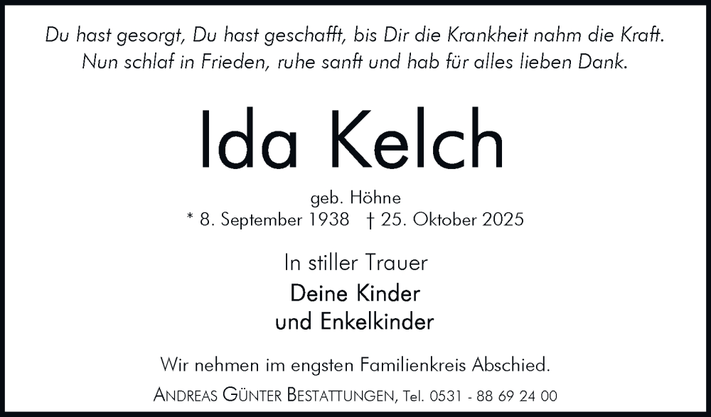  Traueranzeige für Ida Kelch vom 01.11.2025 aus Braunschweiger Zeitung