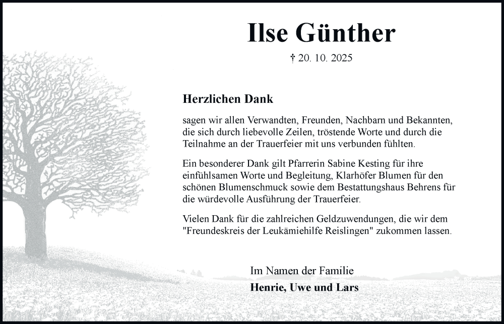  Traueranzeige für Ilse Günther vom 29.11.2025 aus Braunschweiger Zeitung, Wolfsburger Nachrichten