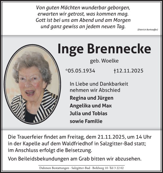 Traueranzeige von Inge Brennecke von Salzgitter-Zeitung
