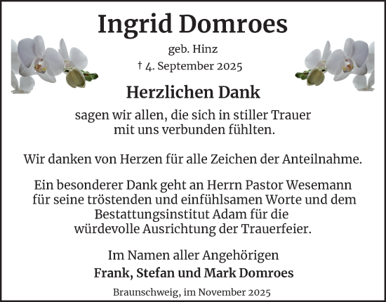 Traueranzeige von Ingrid Domroes von Braunschweiger Zeitung