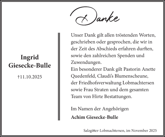 Traueranzeige von Ingrid Giesecke-Bulle von Salzgitter-Zeitung, Wolfenbütteler Zeitung