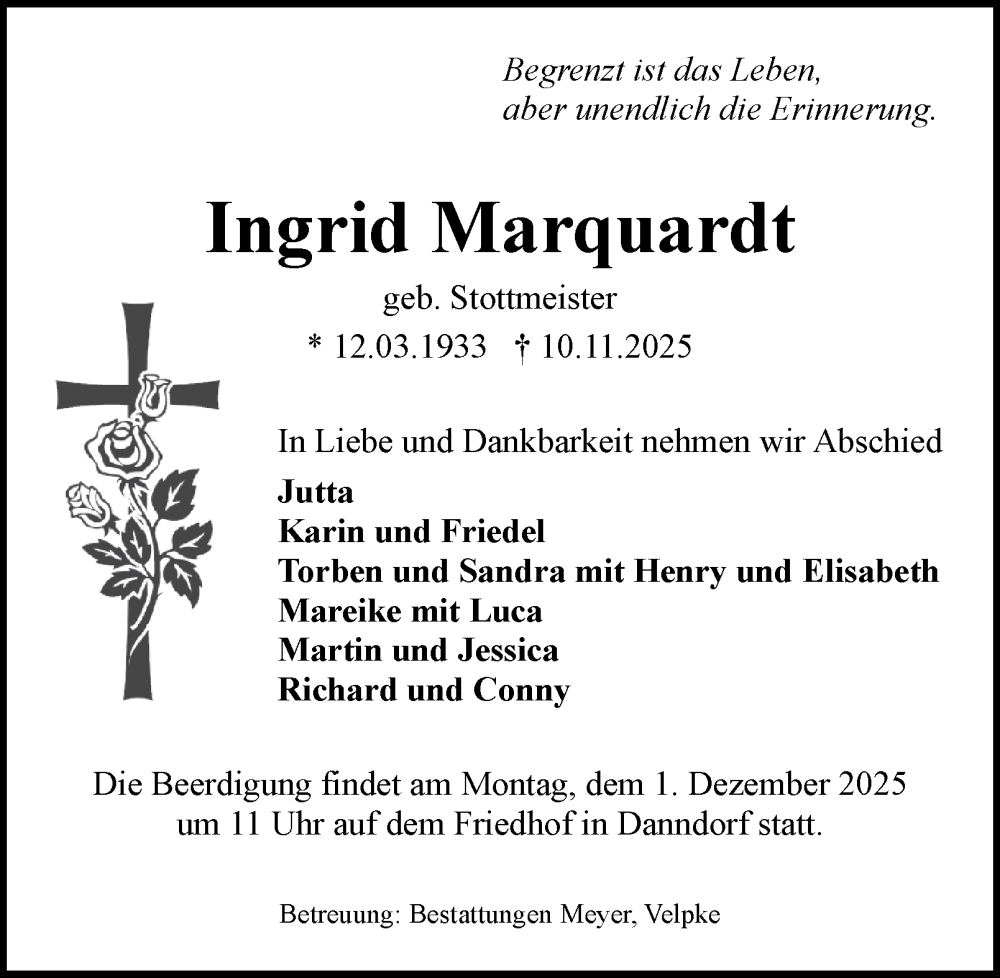  Traueranzeige für Ingrid Marquardt vom 22.11.2025 aus Helmstedter Nachrichten