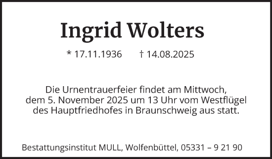 Traueranzeige von Ingrid Wolters von Braunschweiger Zeitung