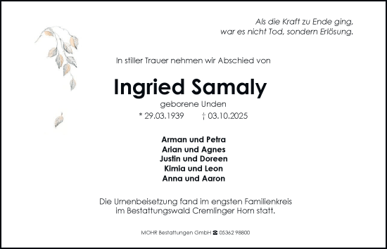 Traueranzeige von Ingried Samaly von Braunschweiger Zeitung, Wolfsburger Nachrichten