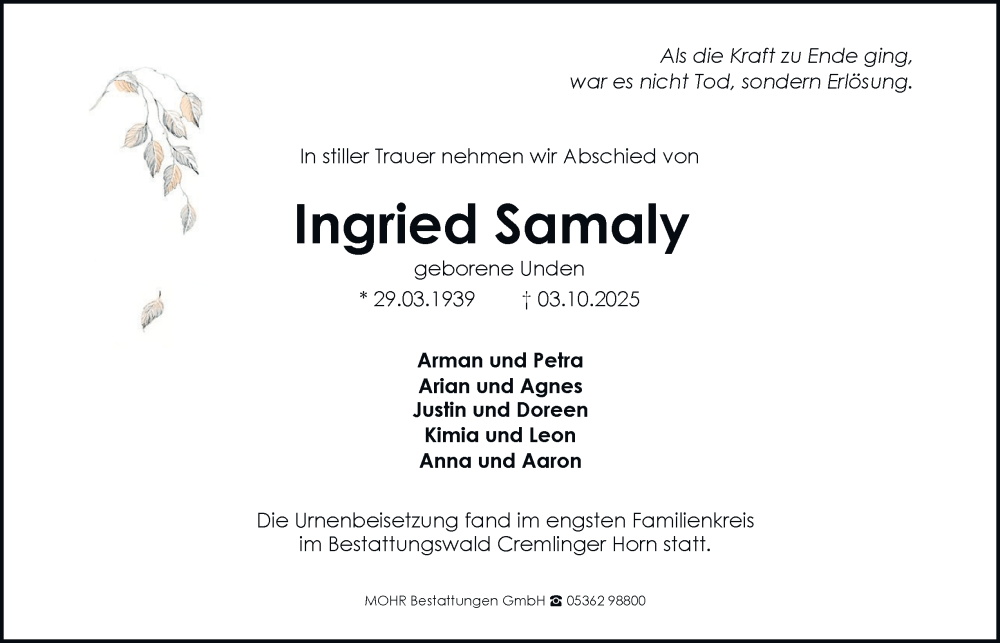  Traueranzeige für Ingried Samaly vom 08.11.2025 aus Braunschweiger Zeitung, Wolfsburger Nachrichten