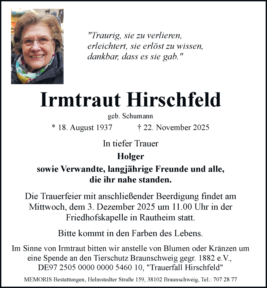  Traueranzeige für Irmtraut Hirschfeld vom 29.11.2025 aus Braunschweiger Zeitung