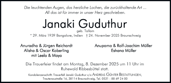 Traueranzeige von Janaki Guduthur von Braunschweiger Zeitung