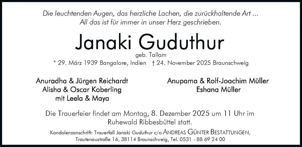  Traueranzeige für Janaki Guduthur vom 29.11.2025 aus Braunschweiger Zeitung