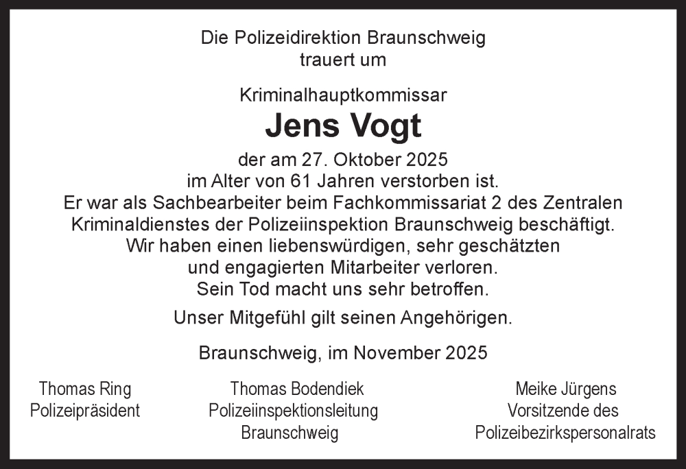  Traueranzeige für Jens Vogt vom 08.11.2025 aus Braunschweiger Zeitung