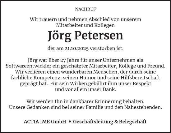 Traueranzeige von Jörg Petersen von Braunschweiger Zeitung