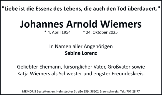 Traueranzeige von Johannes Arnold Wiemers von Braunschweiger Zeitung