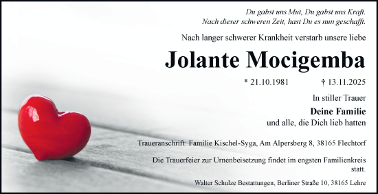 Traueranzeige von Jolante Mocigemba von Helmstedter Nachrichten