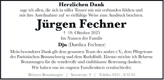 Traueranzeige von Jürgen Fechner von Braunschweiger Zeitung