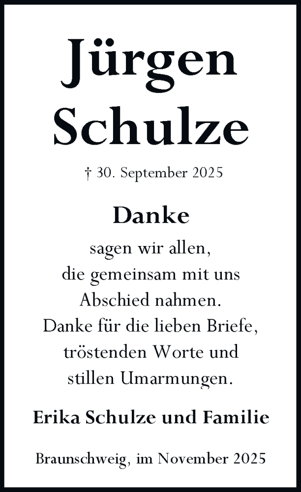  Traueranzeige für Jürgen Schulze vom 01.11.2025 aus Braunschweiger Zeitung