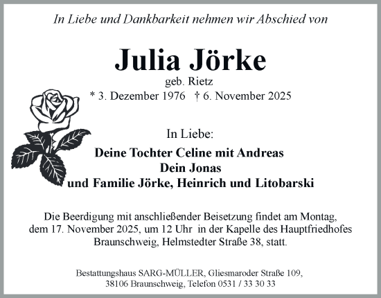 Traueranzeige von Julia Jörke von Braunschweiger Zeitung
