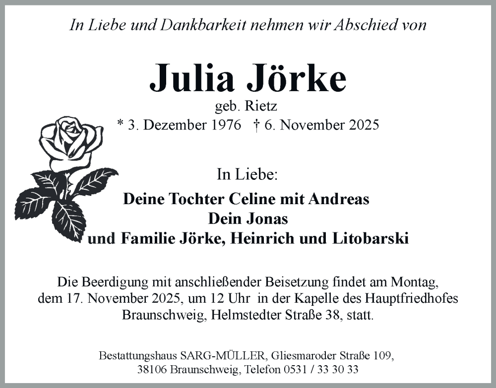 Traueranzeige für Julia Jörke vom 12.11.2025 aus Braunschweiger Zeitung