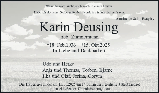 Traueranzeige von Karin Deusing von Braunschweiger Zeitung