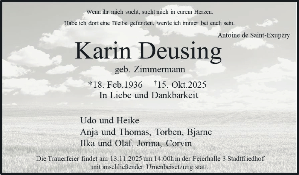  Traueranzeige für Karin Deusing vom 08.11.2025 aus Braunschweiger Zeitung