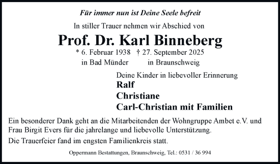 Traueranzeige von Karl Binneberg von Braunschweiger Zeitung