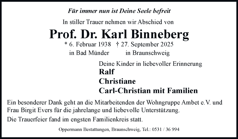 Traueranzeige für Karl Binneberg vom 08.11.2025 aus Braunschweiger Zeitung