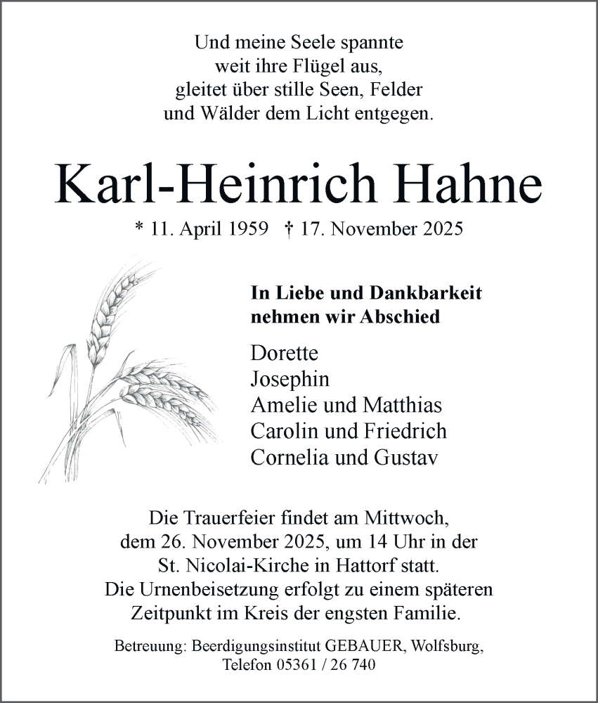  Traueranzeige für Karl-Heinrich Hahne vom 22.11.2025 aus Braunschweiger Zeitung, Wolfsburger Nachrichten
